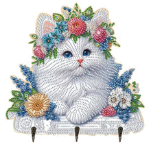 Load image into Gallery viewer, Wooden White Cat DIY Diamond Art Craft Wall Hooks A Row of 3 Hooks for Beginners
