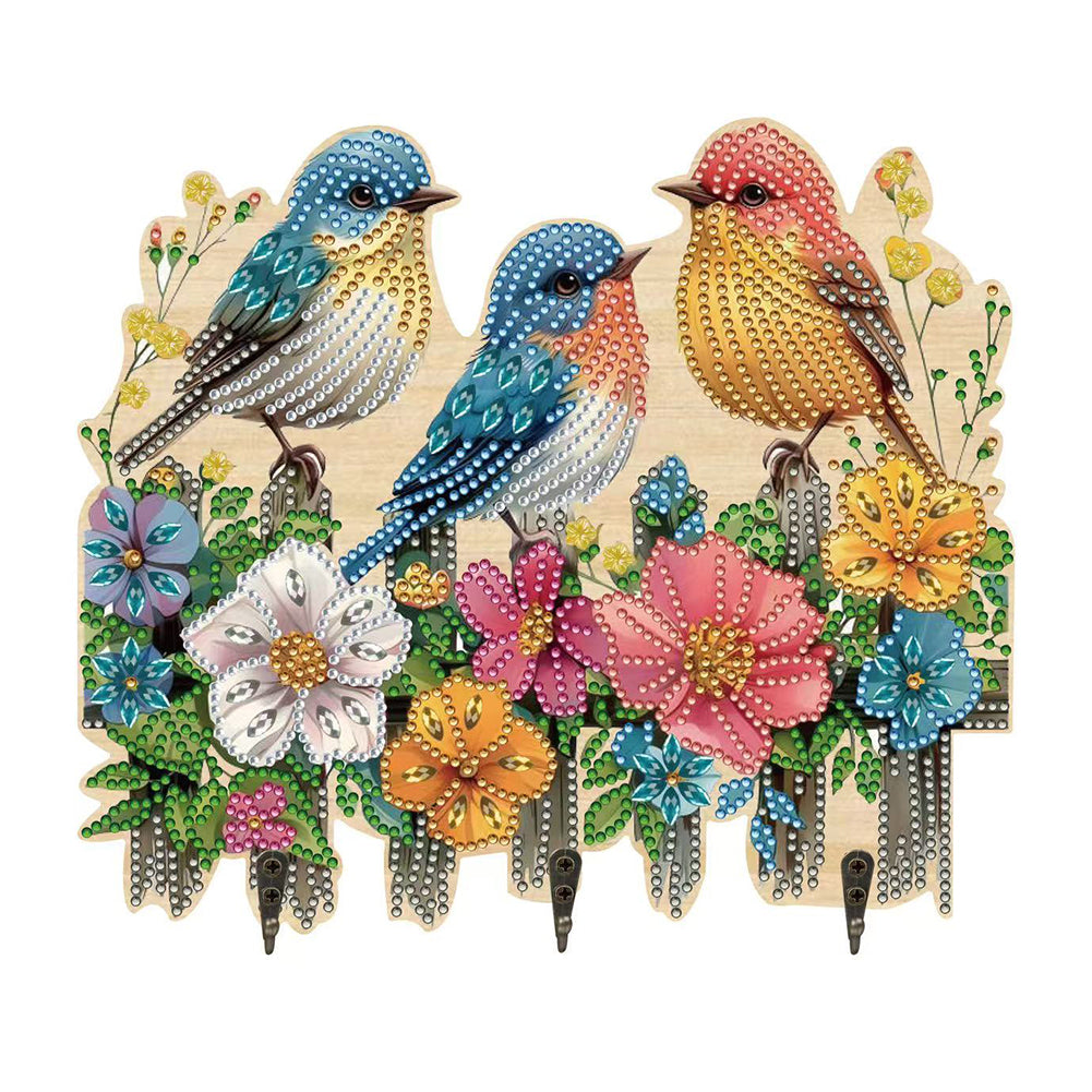 Wooden Three Birds Diamond Art Craft Wall Hooks A Row of 3 Hooks for Beginners