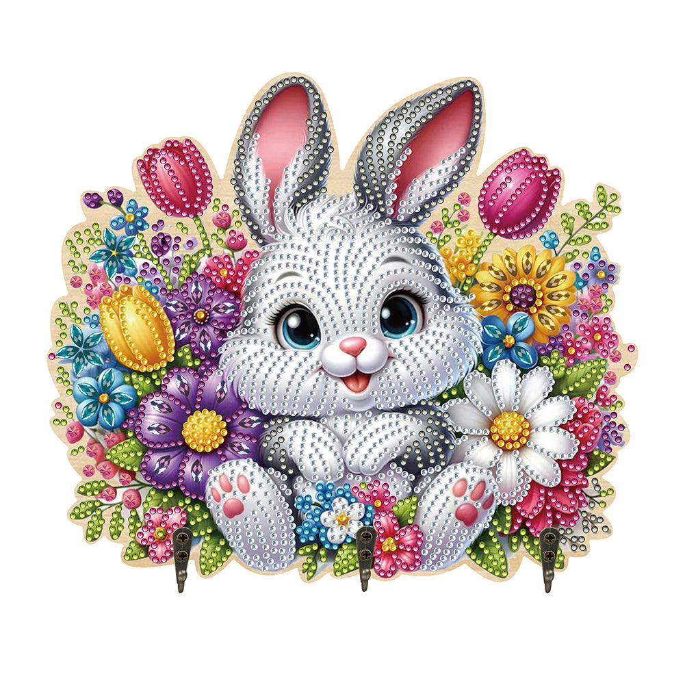 Wooden Flower Rabbit Diamond Art Craft Wall Hooks A Row of 3 Hooks for Beginners