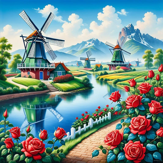 Diamond Painting - Full Round - Windmill And Flowers (50*50CM)