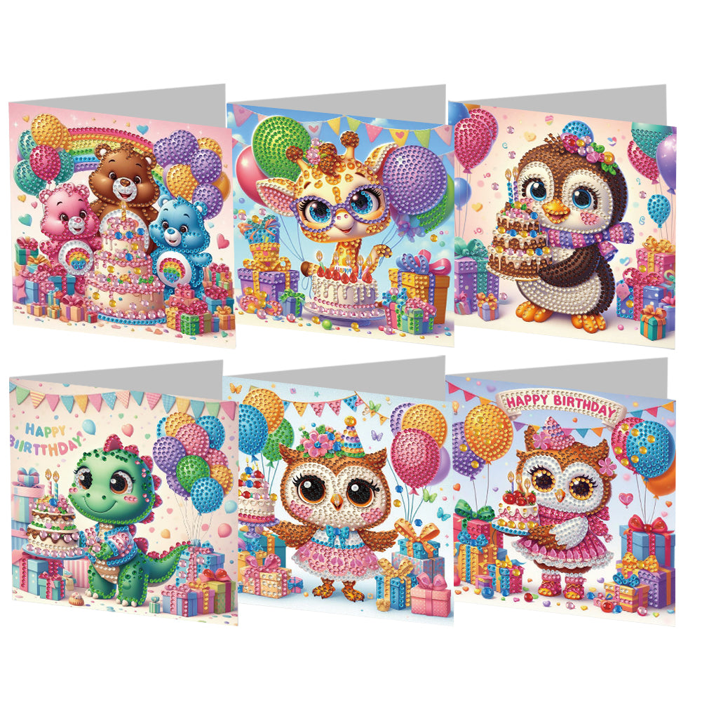 6Pcs Animal Birthday Diamond Handmade Card Diamond Painting Greeting Card