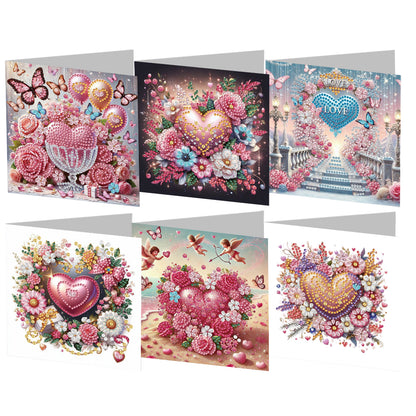 6Pcs Flower Heart Diamond Handmade Card Diamond Painting Greeting Card