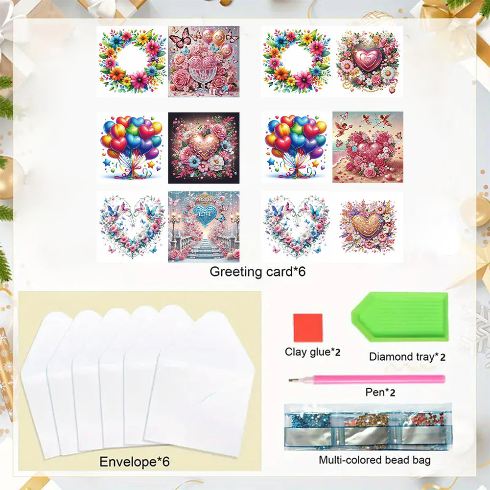 6Pcs Flower Heart Diamond Handmade Card Diamond Painting Greeting Card