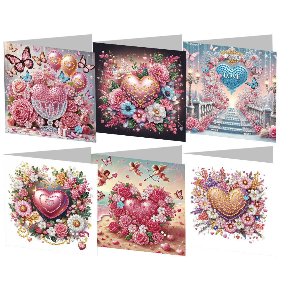 6Pcs Flower Heart Diamond Handmade Card Diamond Painting Greeting Card