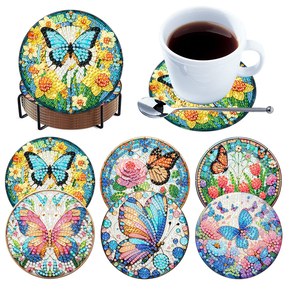 6pcs Butterfly DIY Diamond Painting Coasters Kits with Holder for Adult Beginner