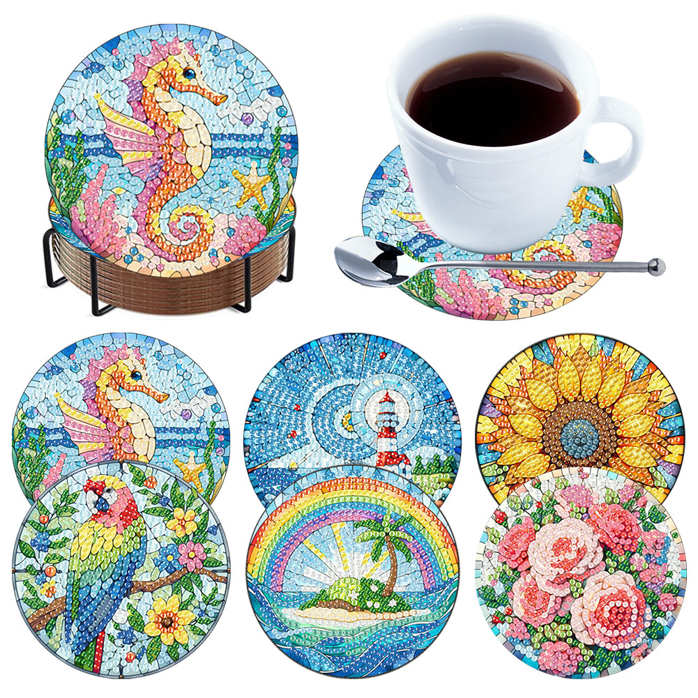 6 Pcs DIY Diamond Painting Coasters Kits with Holder DIY Diamond Art Coaster Set