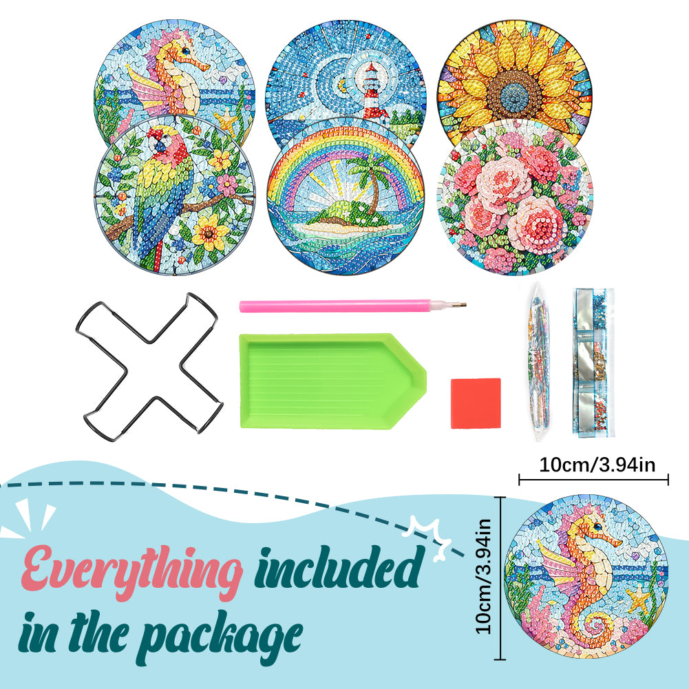 6 Pcs DIY Diamond Painting Coasters Kits with Holder DIY Diamond Art Coaster Set