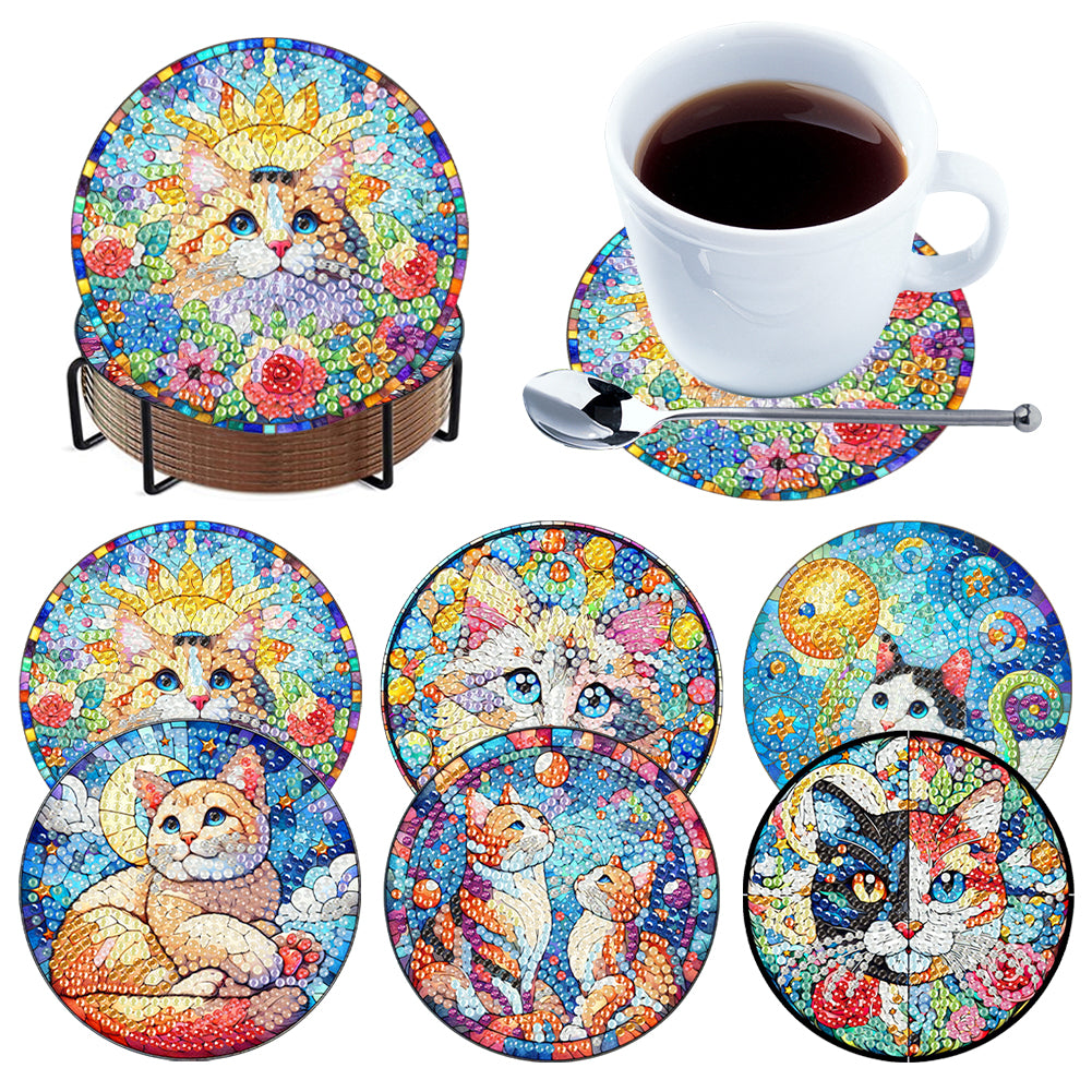6pcs Cat DIY Diamond Painting Coasters Kits with Holder for Adult Beginner
