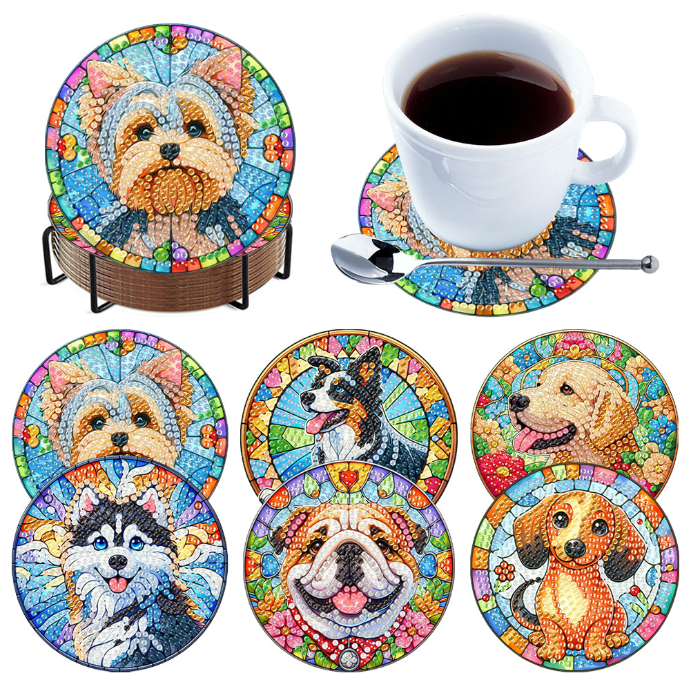 6pcs Dog DIY Diamond Painting Coasters Kits with Holder for Adult Beginner