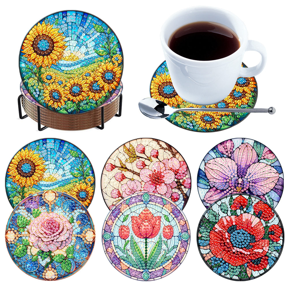 6pcs Flower DIY Diamond Painting Coasters Kits with Holder for Adult Beginner