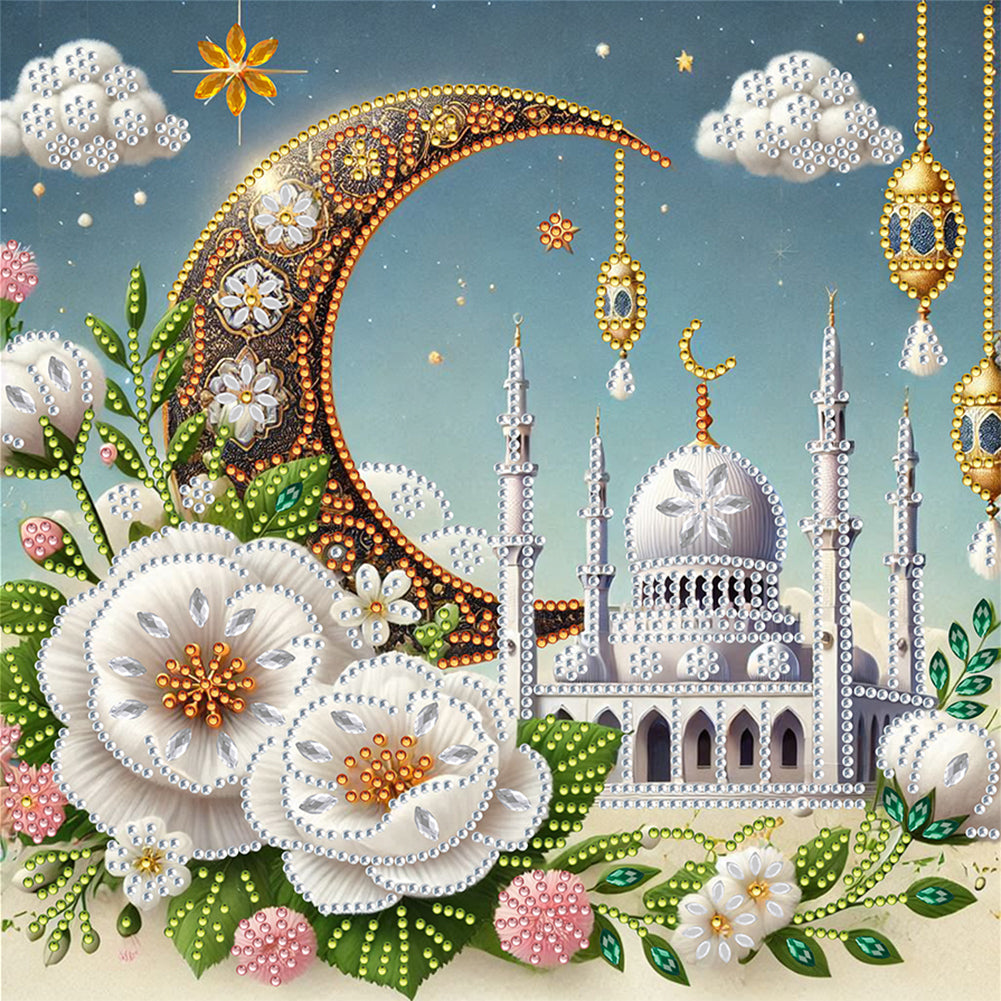 Diamond Painting - Partial Special Shaped - White Flower Crescent Moon Castle (30*30CM)