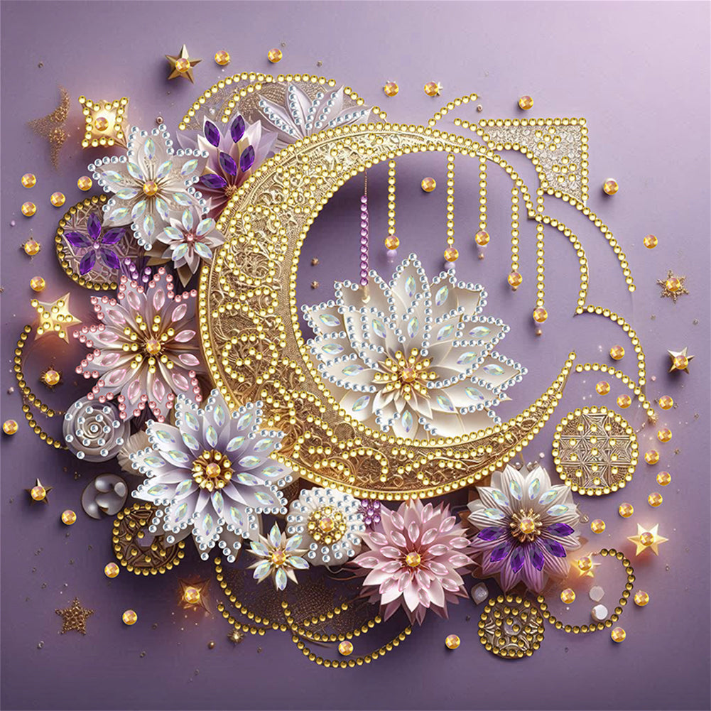Diamond Painting - Partial Special Shaped - Crescent Moon In Flowers (30*30CM)