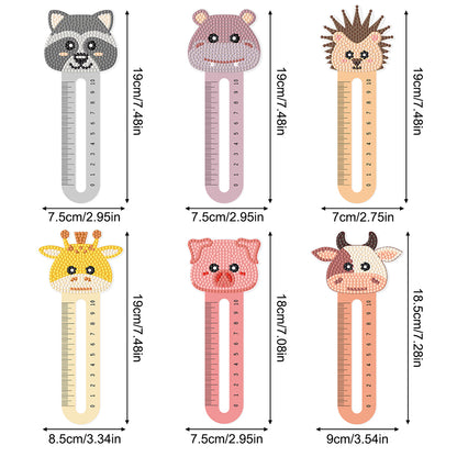 6Pcs PET Cartoon Animals 5D DIY Diamond Art Ruler Book Mark for Reading Day Gift