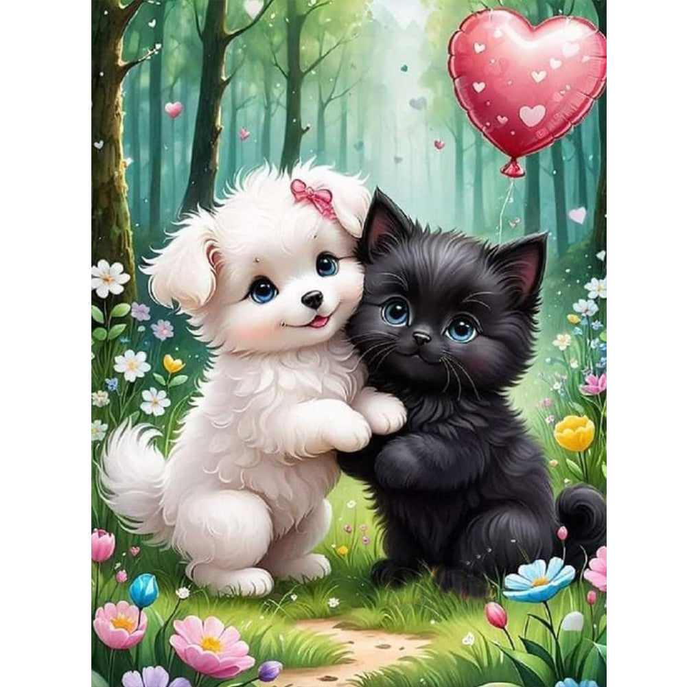 Diamond Painting - Full Round - White Dog And Black Cat (30*40CM)
