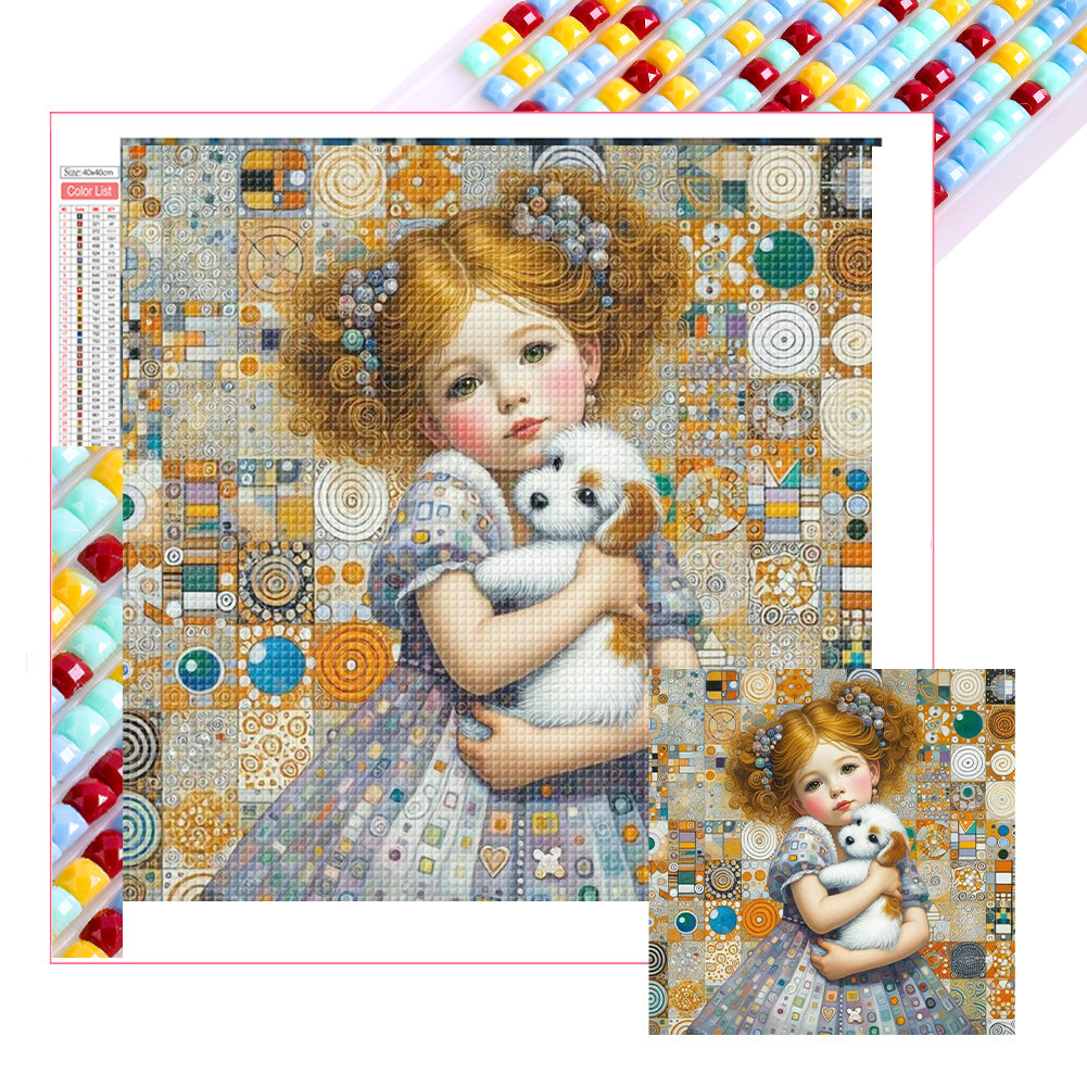 Diamond Painting - Full Square - Little Girl Holding A Dog (40*40CM)