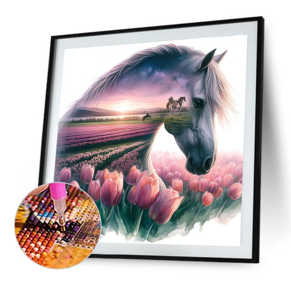 Diamond Painting - Full Round - Horse And Tulips (30*30CM)