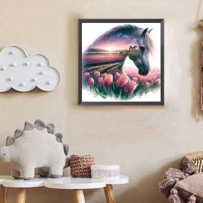 Diamond Painting - Full Round - Horse And Tulips (30*30CM)