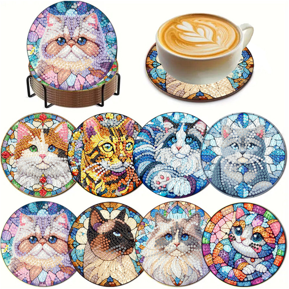 8Pcs Wooden Cats 5D Diamond Painting Kits Shining Drink Coasters for Party Decor