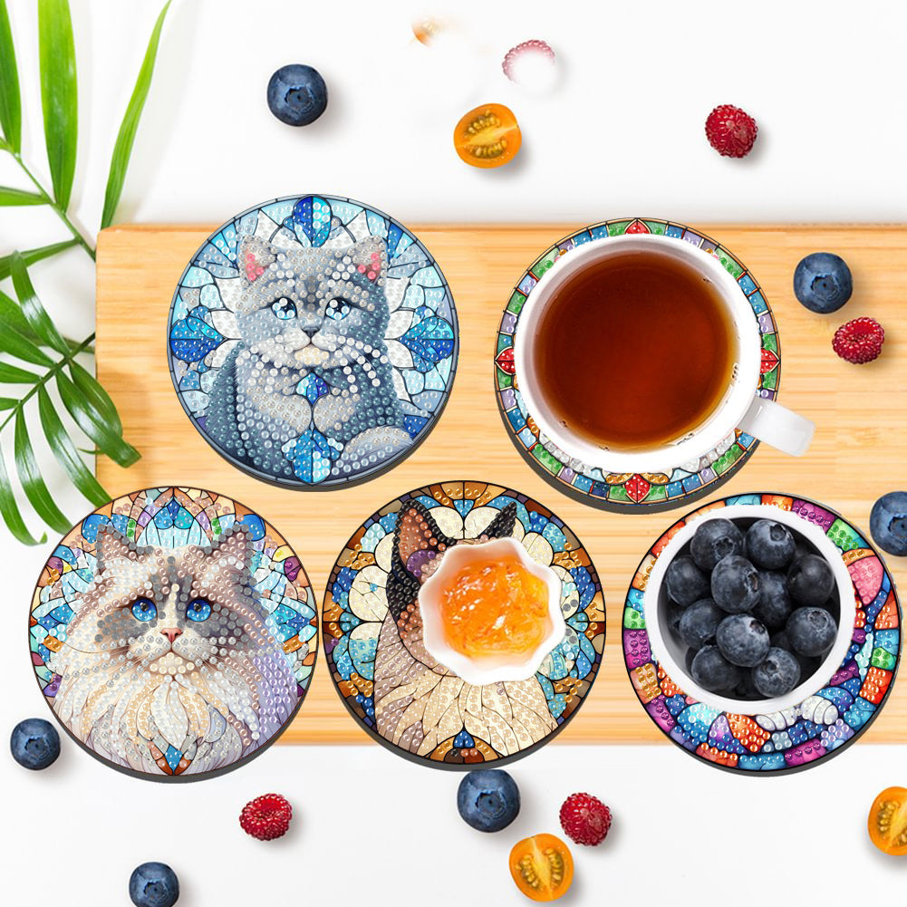 8Pcs Wooden Cats 5D Diamond Painting Kits Shining Drink Coasters for Party Decor