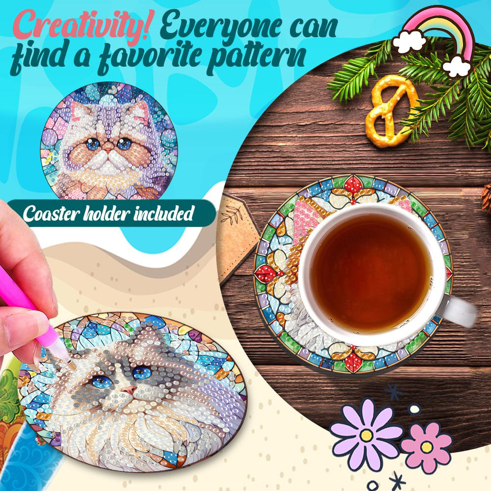 8Pcs Wooden Cats 5D Diamond Painting Kits Shining Drink Coasters for Party Decor
