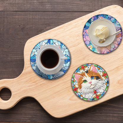8Pcs Wooden Cats 5D Diamond Painting Kits Shining Drink Coasters for Party Decor