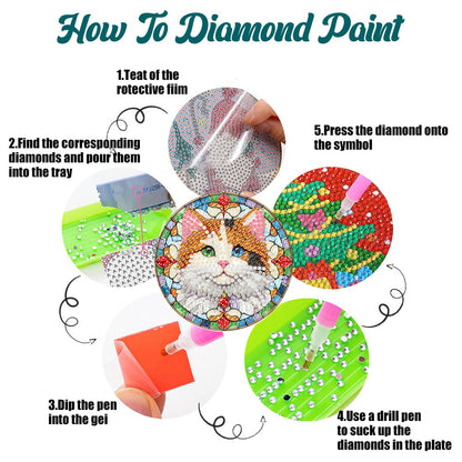 8Pcs Wooden Cats 5D Diamond Painting Kits Shining Drink Coasters for Party Decor