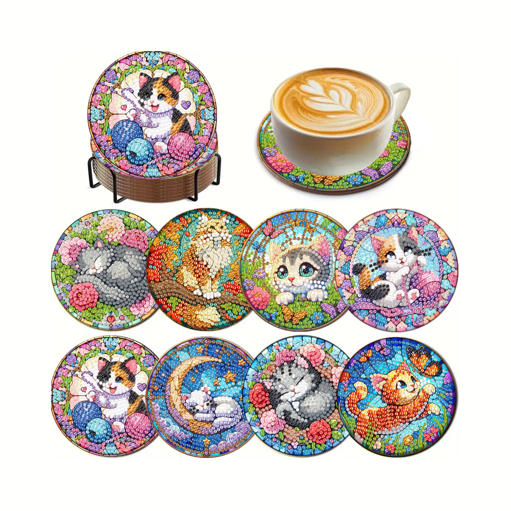 8Pcs Wooden Cats 5D Diamond Painting Kits Shining Drink Coasters for Party Decor