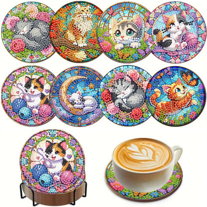 8Pcs Wooden Cats 5D Diamond Painting Kits Shining Drink Coasters for Party Decor