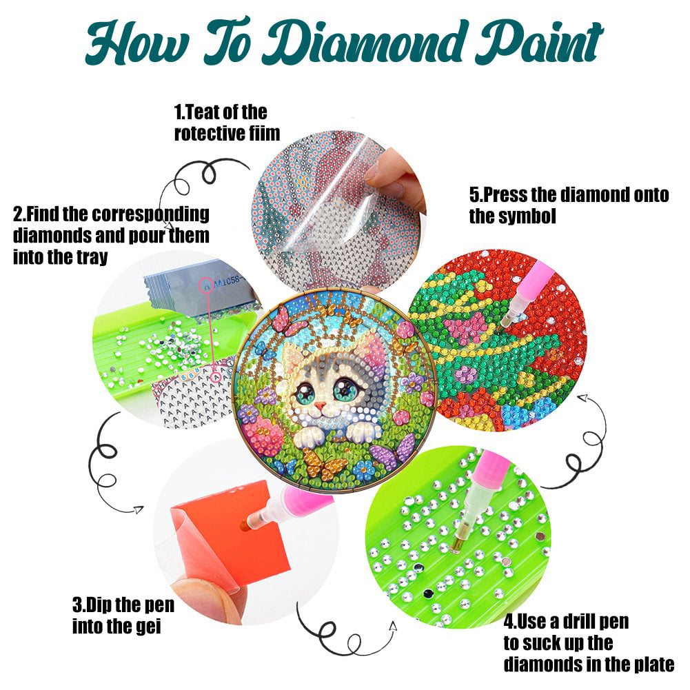 8Pcs Wooden Cats 5D Diamond Painting Kits Shining Drink Coasters for Party Decor