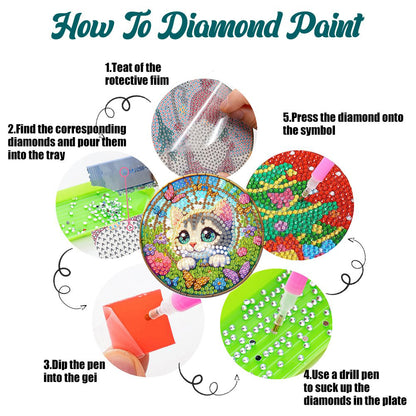 8Pcs Wooden Cats 5D Diamond Painting Kits Shining Drink Coasters for Party Decor