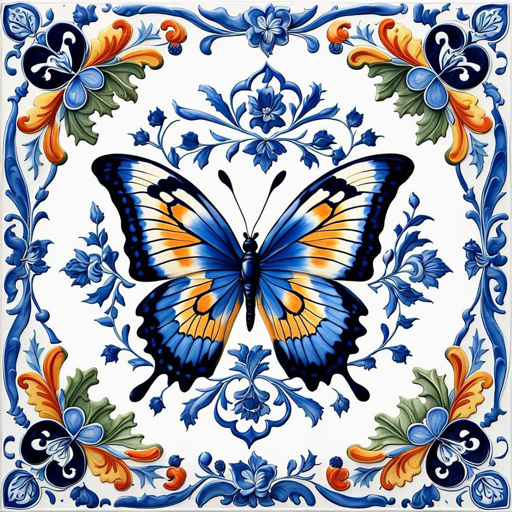 Diamond Painting - Full Round - Blue And White Porcelain Style Butterfly (40*40CM)