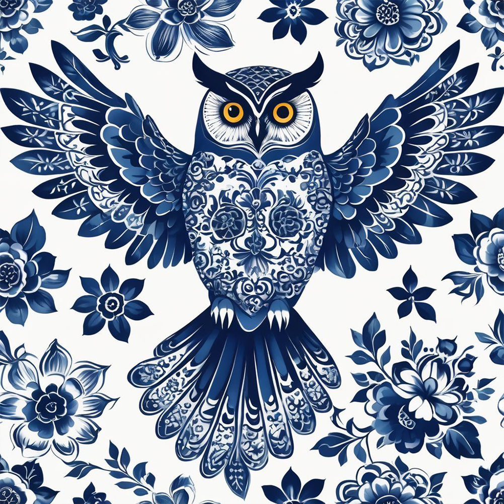 Diamond Painting - Full Round - Blue And White Porcelain Style Owl (40*40CM)