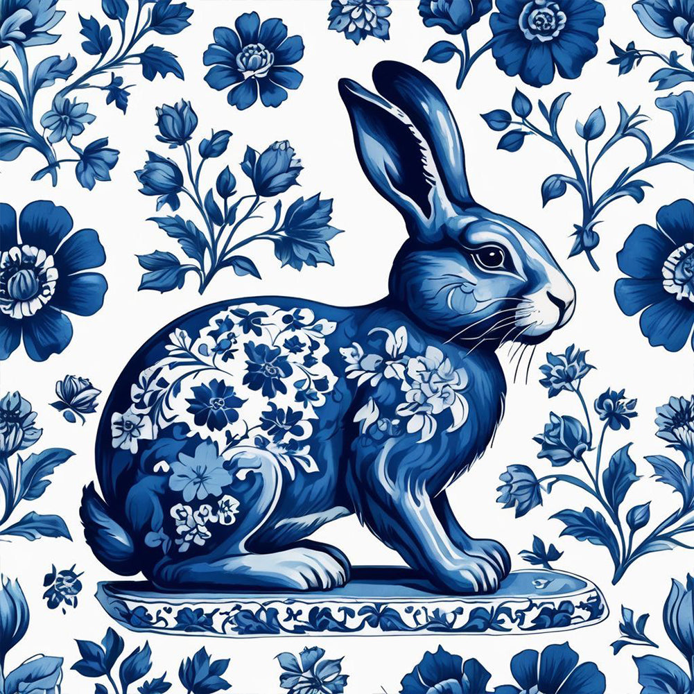 Diamond Painting - Full Round - Blue And White Porcelain Style Rabbit (40*40CM)