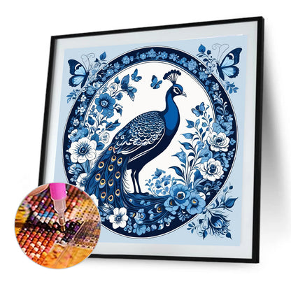 Diamond Painting - Full Round - Blue And White Porcelain Style Peacock (40*40CM)