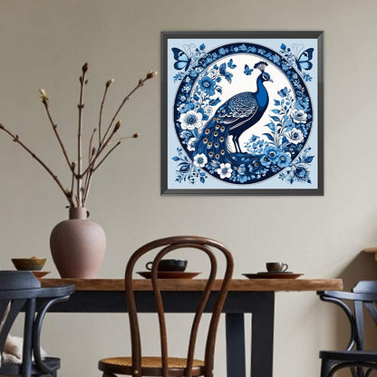 Diamond Painting - Full Round - Blue And White Porcelain Style Peacock (40*40CM)