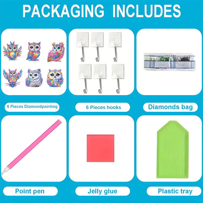 6Pcs Acrylic Colorful Owl 5D DIY Diamond Painting Art Hooks for Beginners Adults