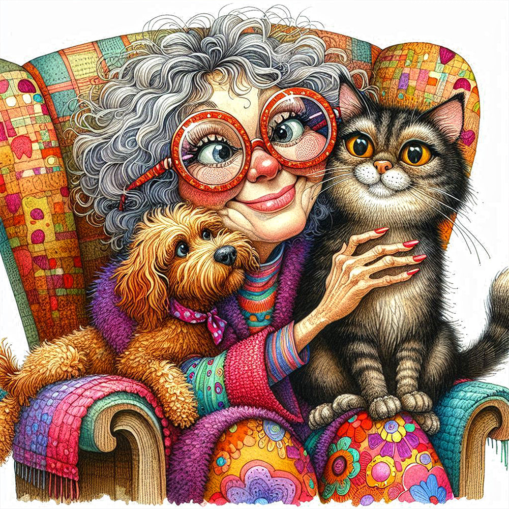 Diamond Painting - Full Round - Grandma'S Cat And Dog (40*40CM)