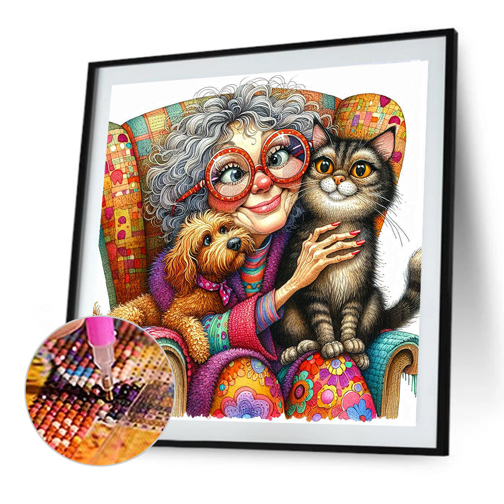 Diamond Painting - Full Round - Grandma'S Cat And Dog (40*40CM)