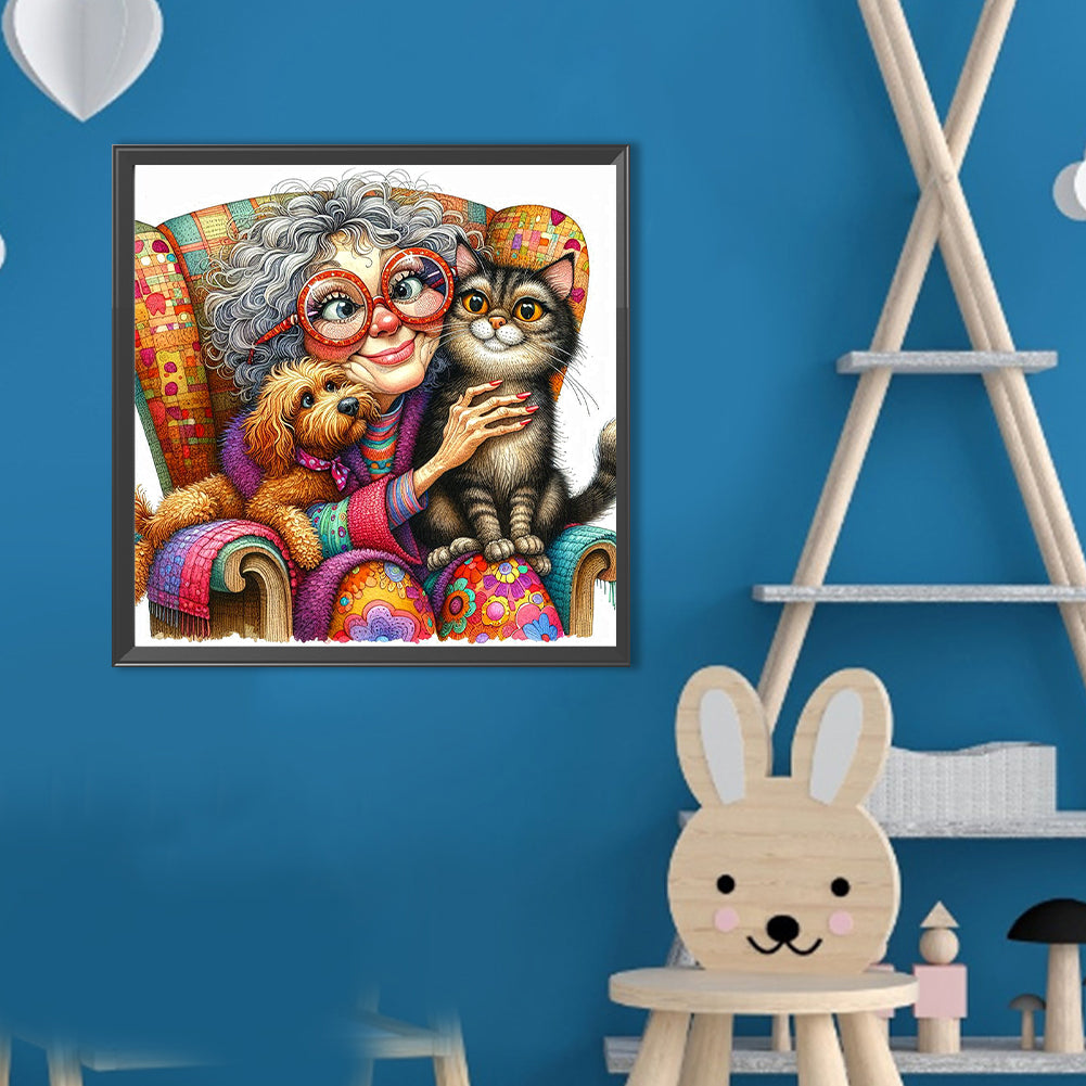 Diamond Painting - Full Round - Grandma'S Cat And Dog (40*40CM)