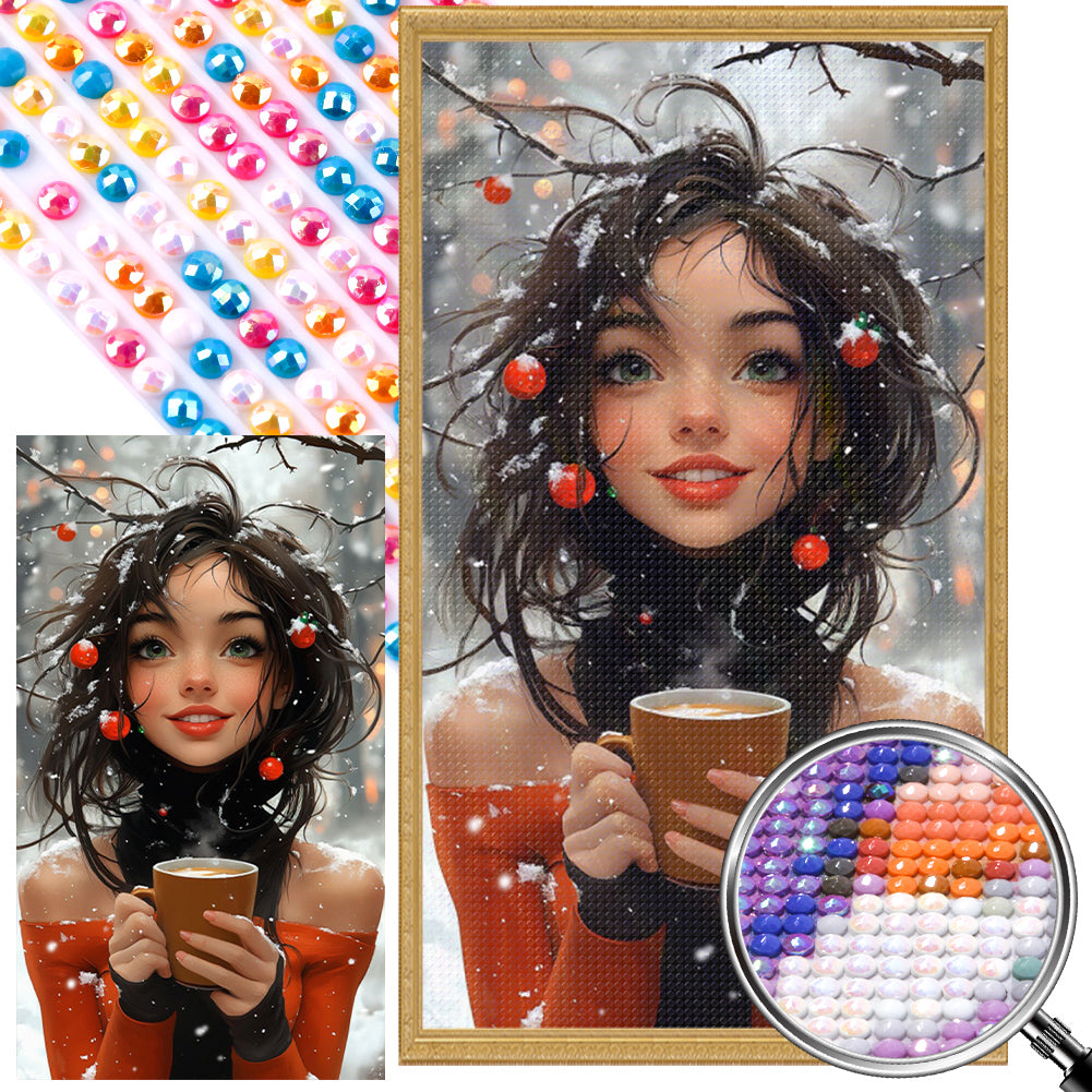 AB Diamond Painting - Full Round - Girl Drinking Coffee In The Snow (40*70CM)