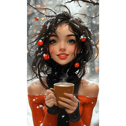AB Diamond Painting - Full Round - Girl Drinking Coffee In The Snow (40*70CM)