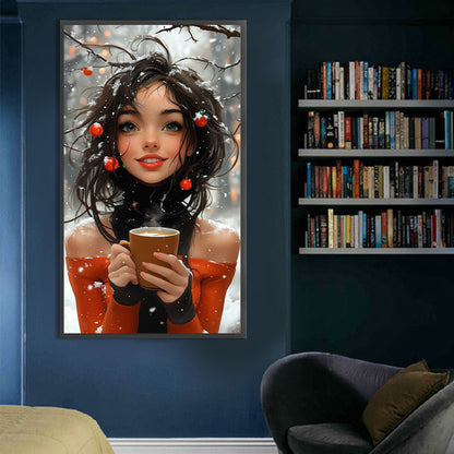 AB Diamond Painting - Full Round - Girl Drinking Coffee In The Snow (40*70CM)