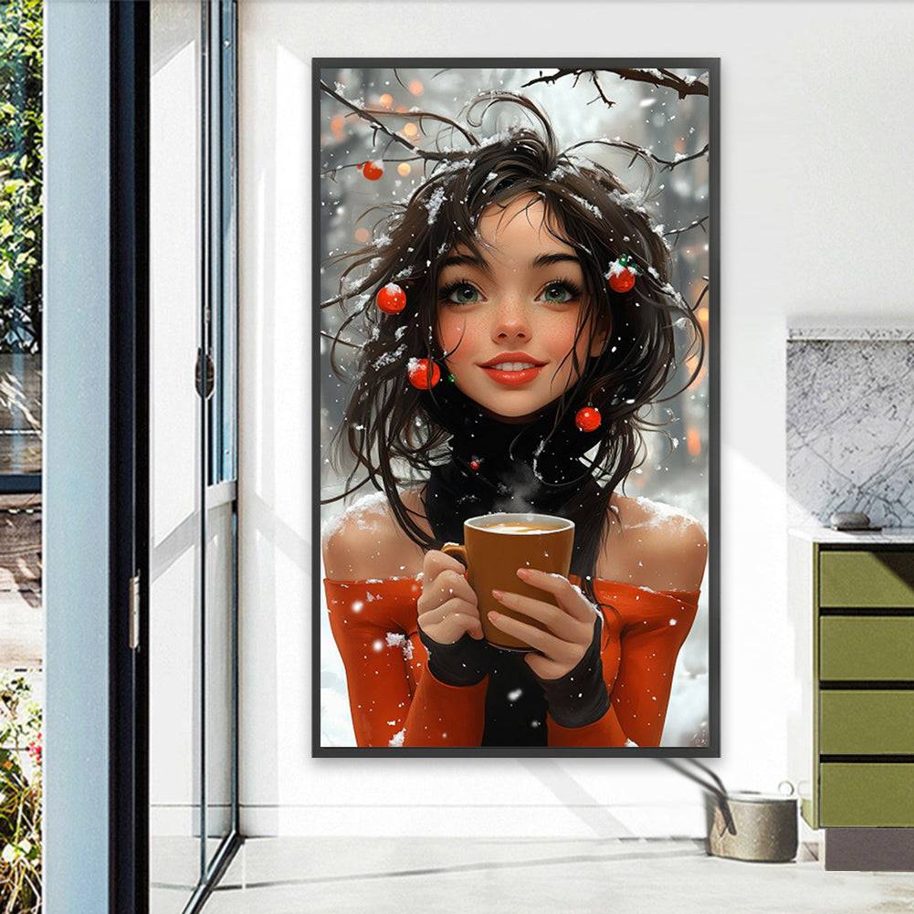 AB Diamond Painting - Full Round - Girl Drinking Coffee In The Snow (40*70CM)