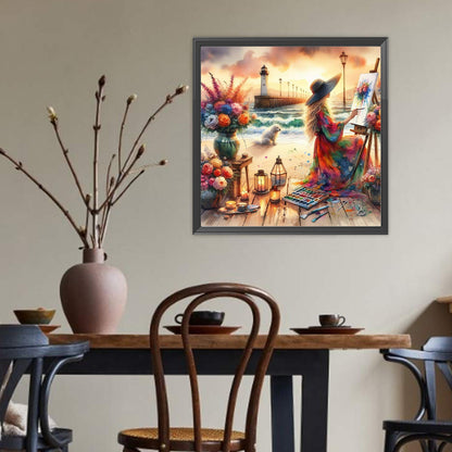Diamond Painting - Full Round - Painting Girl By The Sea (40*40CM)