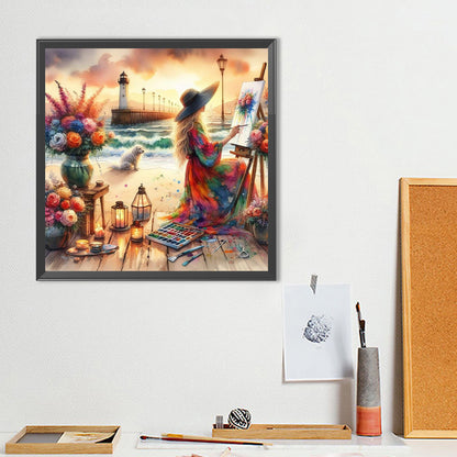 Diamond Painting - Full Round - Painting Girl By The Sea (40*40CM)