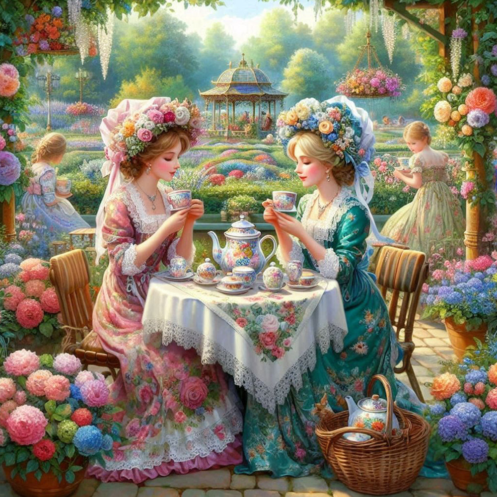 Diamond Painting - Full Round - Girl Drinking Tea In The Garden (40*40CM)