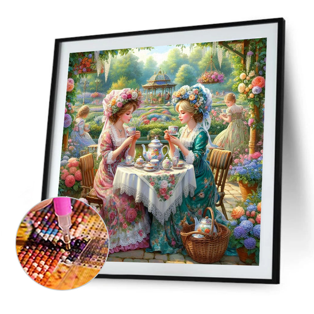 Diamond Painting - Full Round - Girl Drinking Tea In The Garden (40*40CM)