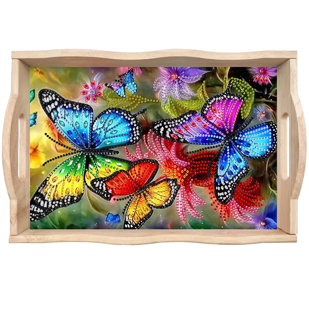 Butterfly Diamond Painting Wooden Serving Tray with Handles Home Decoration Gift