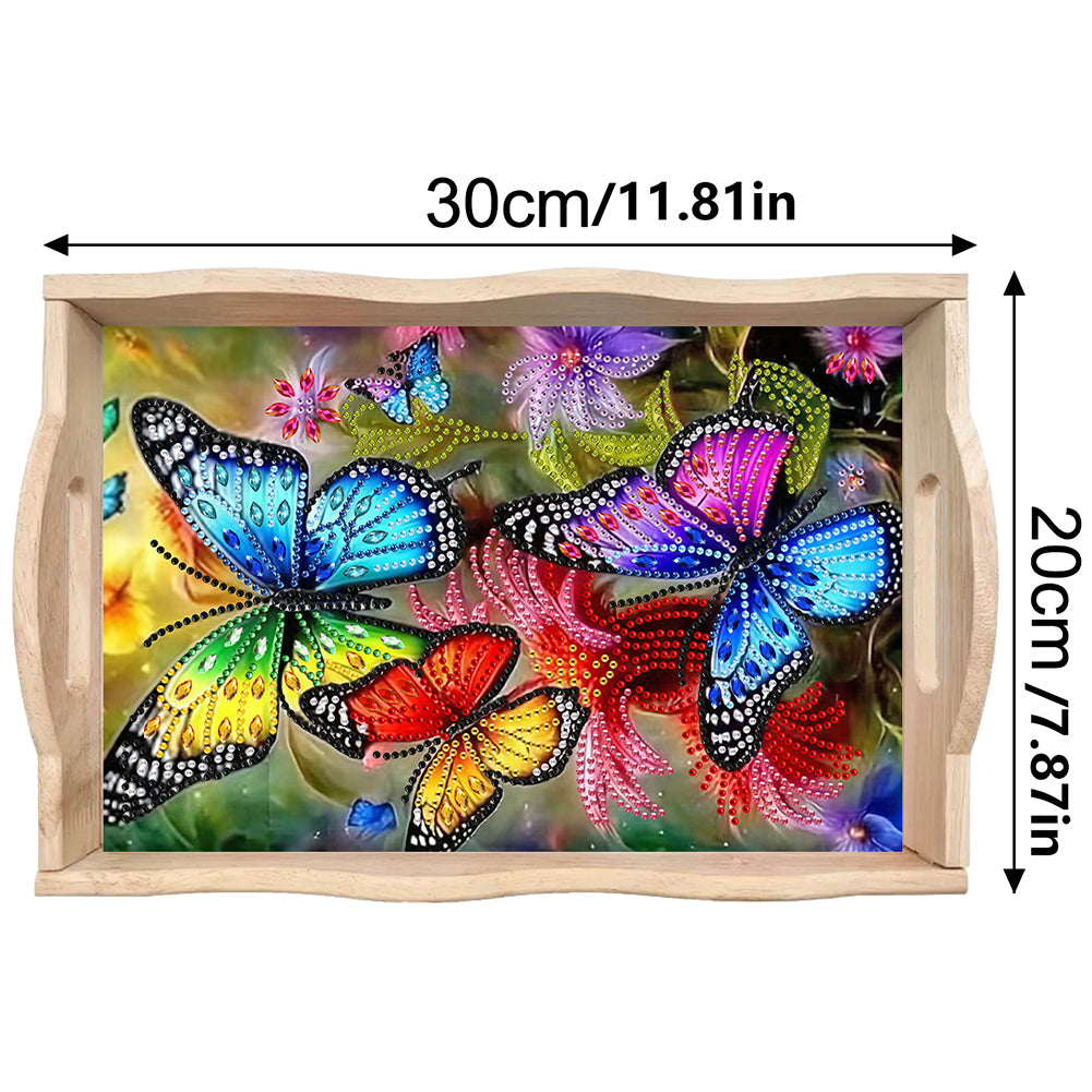 Butterfly Diamond Painting Wooden Serving Tray with Handles Home Decoration Gift