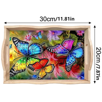 Butterfly Diamond Painting Wooden Serving Tray with Handles Home Decoration Gift